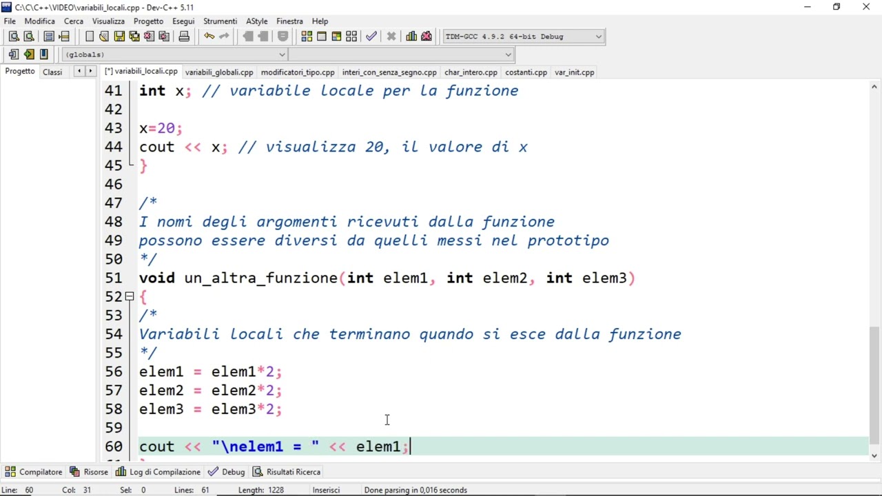 C++ - Tipi di dati - Variabili locali e variabili globali