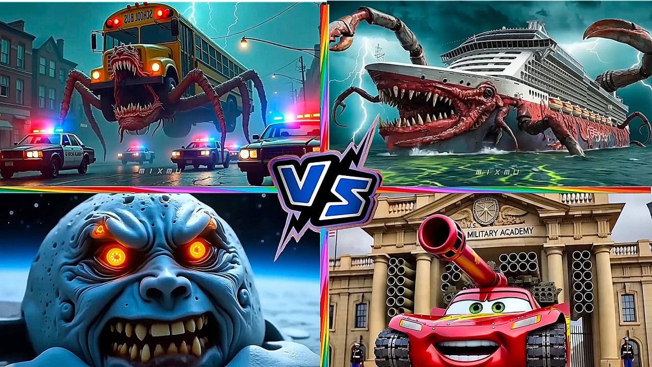 School Bus Monster VS McQueen Tank VS Mater Monster VS LUNAR MOON Tiles Hop EDM Rush 5