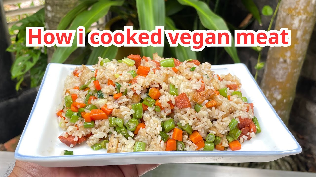Simple Vegan Meal with vegan meat, string bean, rice mix together