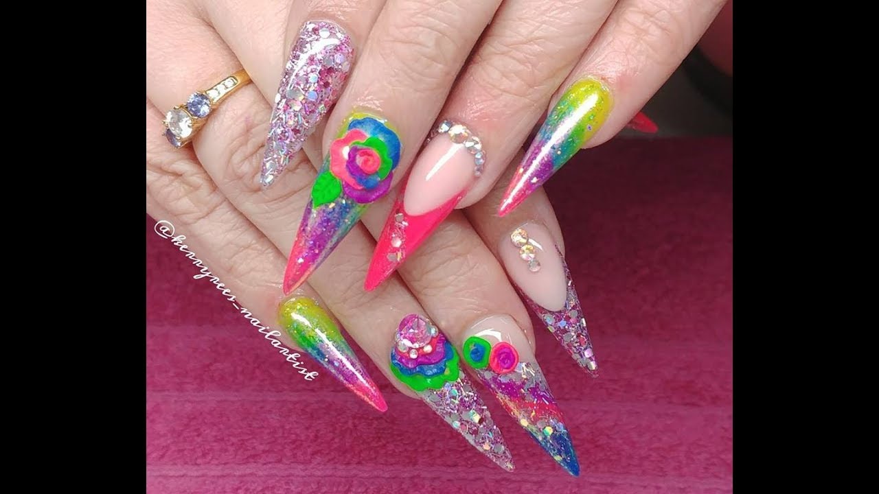 Acrylic Nails/Neon Rainbow acrylic design/3D Rainbow Rose