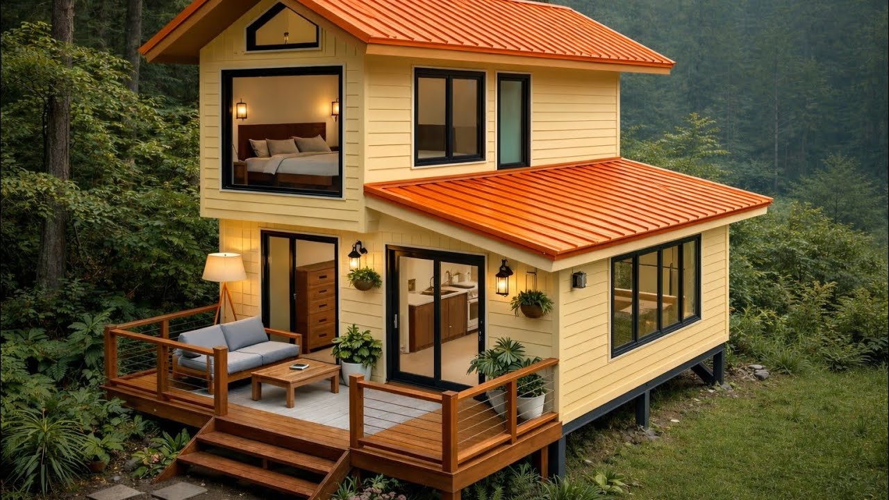 The couple built a sturdy wooden house with a simple kitchen and interior.