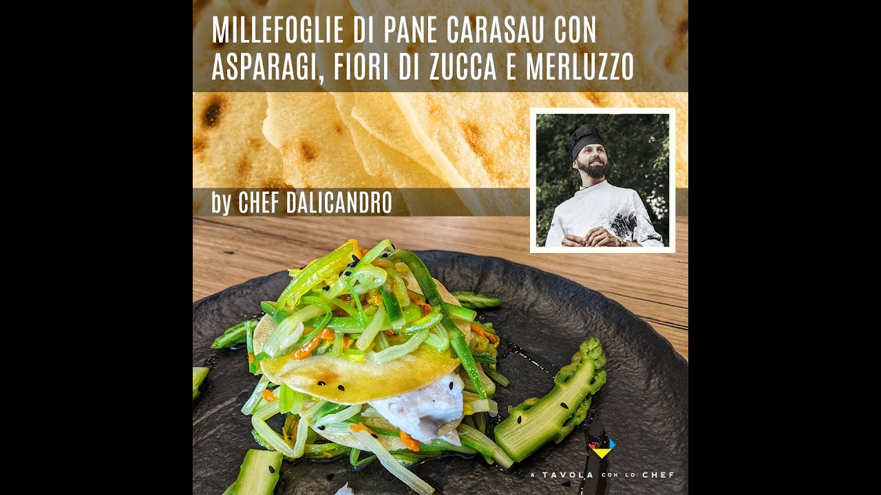 Millefoglie di pane carasau con asparagi, fiori di zucca e merluzzo by Chf  Dalicandro