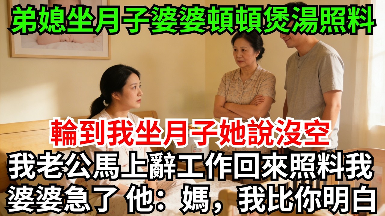 弟媳坐月子婆婆頓頓煲湯照料，輪到我坐月子她說沒空，我老公馬上辭了工作回來照料我，婆婆急了，他說：媽，我比你明白#完結故事#情感故事#爽文#婆媳關系#家庭生活#故事頻道#故事分享#情感#坐月子