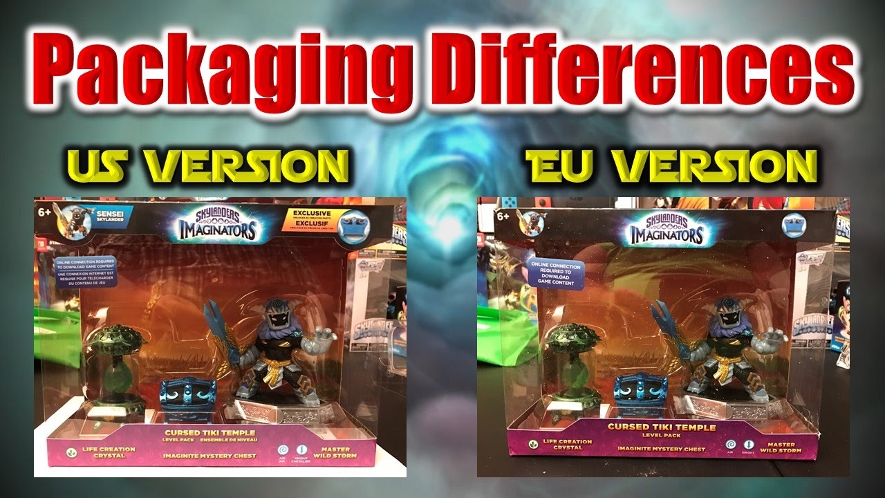 Package Comparison - Skylanders Imaginators Cursed Tiki Temple Level Pack - US Version vs EU Version