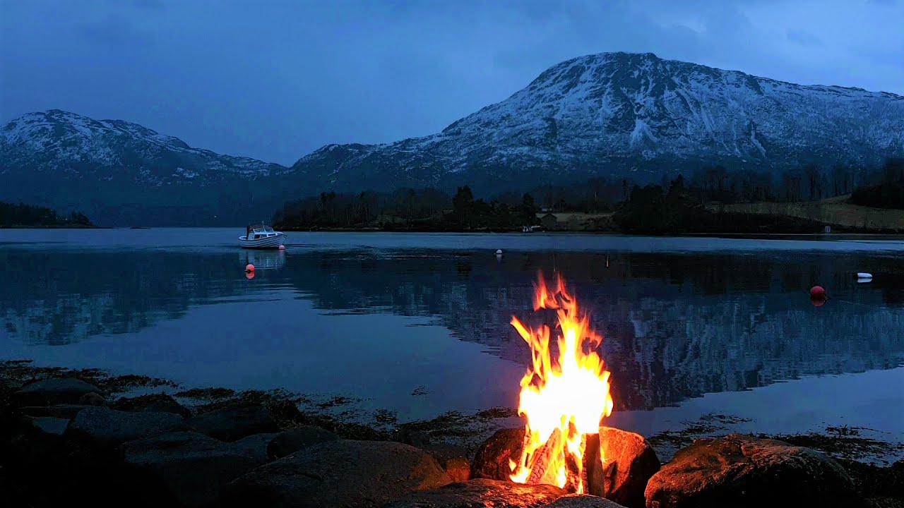 Evening Campfire Ambience with Crackling Burning Firewood, Mountain and Fjord View - HD