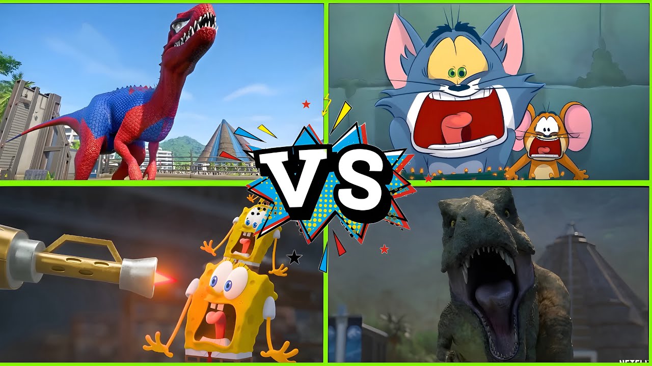 Dinosaur Spiderman vs Tom&Jerry! Spongebob Escape Challenge | Tiles Hop Wheel Spin #tileshop #funny