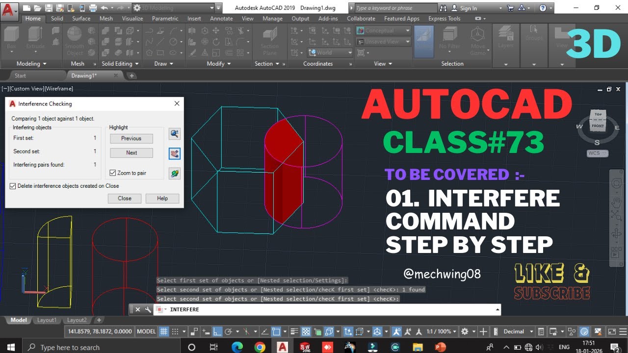 AutoCAD 3D Class 73 | INTERFERE Command (INF + Enter) | Clash Detection in 3D | AutoCAD 3D Hindi