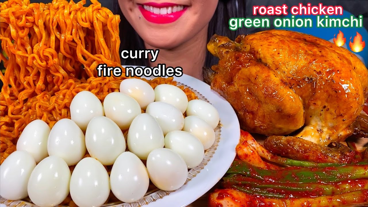 ASMR CURRY FIRE NOODLES, WHOLE ROAST CHICKEN, EGGS, GREEN ONION KIMCHI MASSIVE Eating Sounds