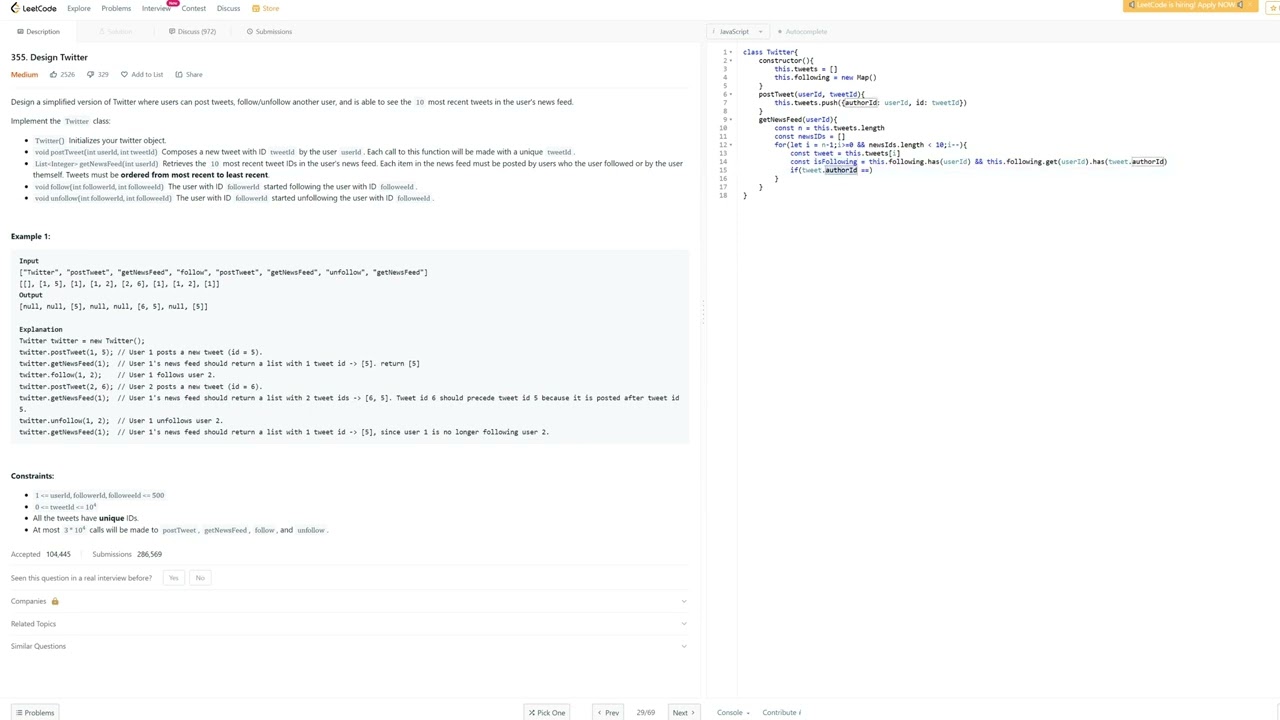 355. Design Twitter - JavaScript - Easy To Understand