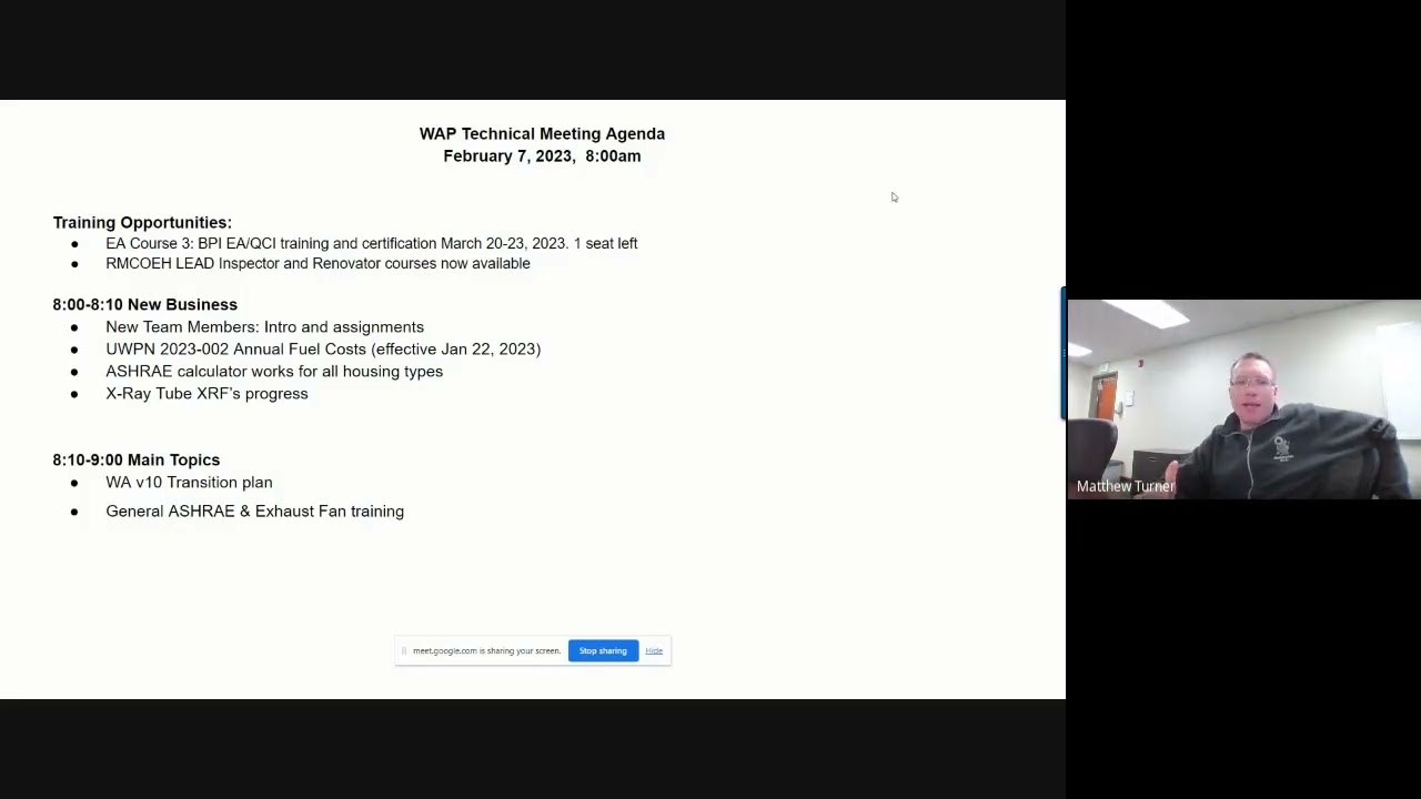 2023 February Technical Training Meeting  New Audit transition and ASHRAE exhaust fan training