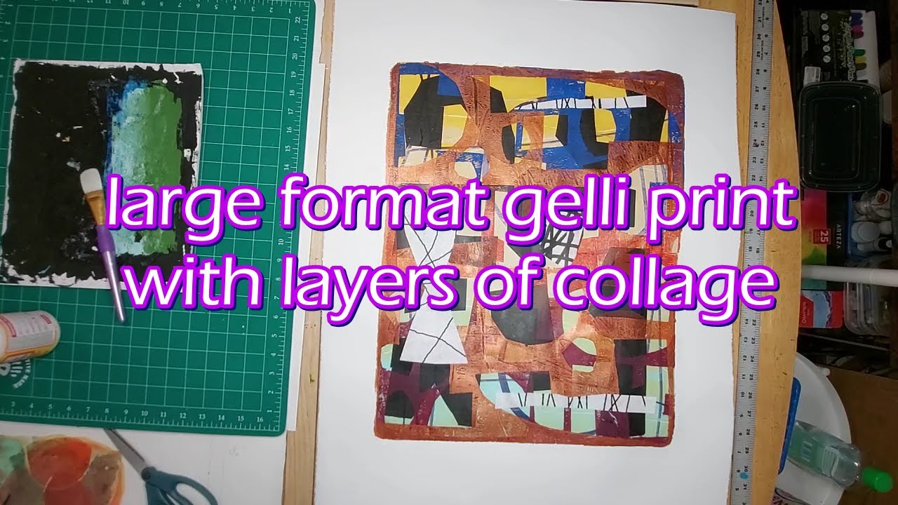 large format gelli print with layers of collage