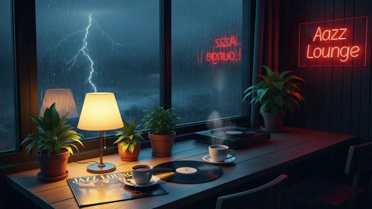 Late Night Rain Thunder Cafe ｜ Focus Lounge Music 🌙☕⚡🌧️🎷✨