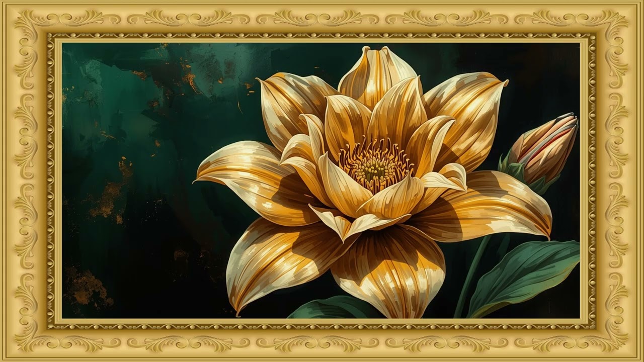 Vintage Gold lilia flower Painting  Gold Frame TV