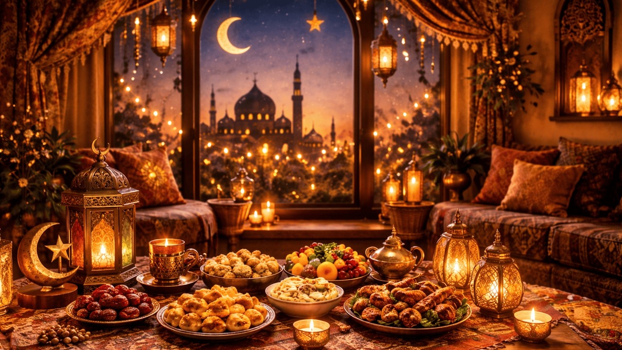 Ramadan Night Ambience 🌙✨ Cozy Iftar, Lantern Lights & Peaceful Mosque View