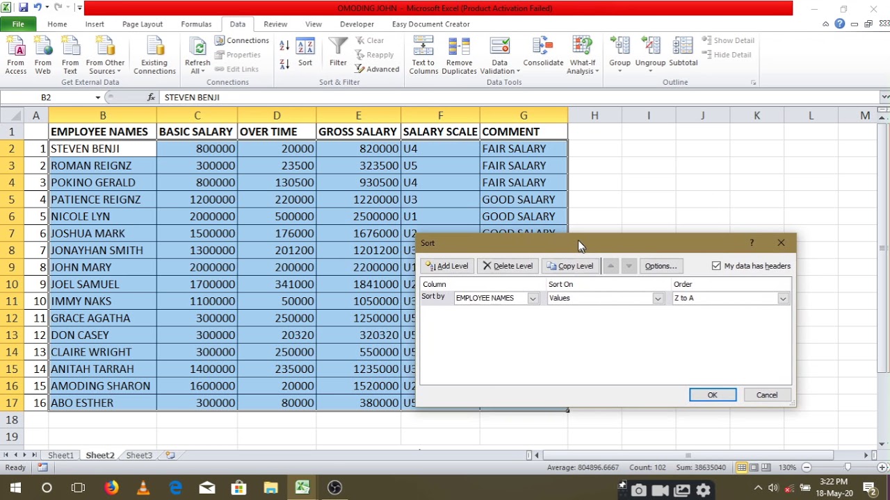 sorting data in ascending or descending order and using the advance filter option
