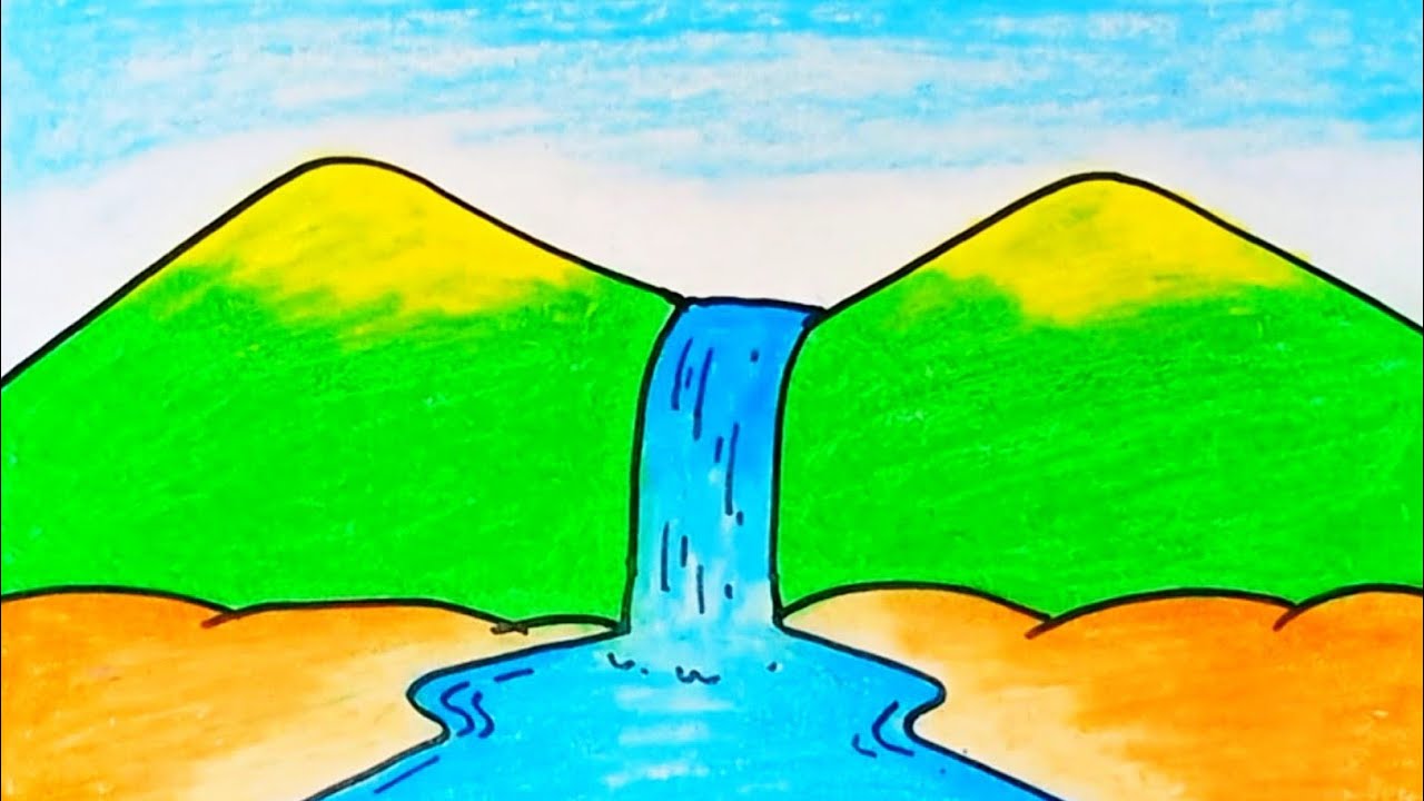 How to Draw Waterfall Scenery of Mountain and River |Drawing Scenery Easy