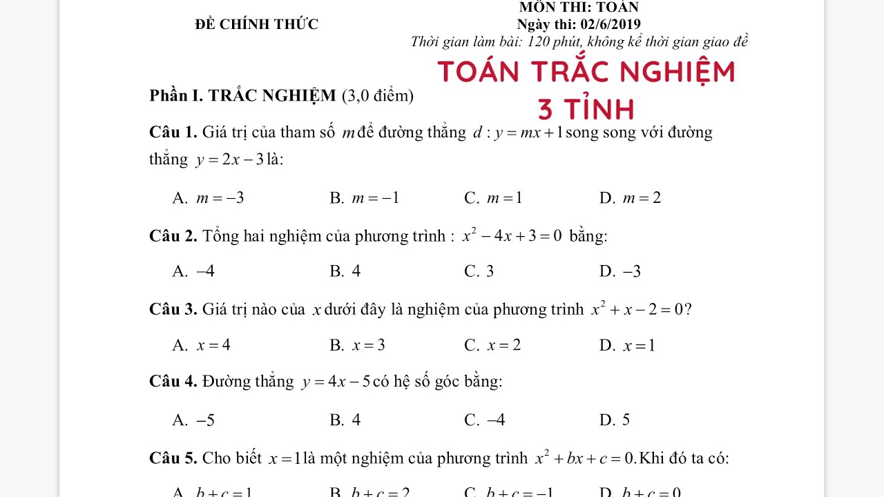 Đề Toán 11 - Trắc nghiệm |Ôn thi vào 10 - 3 tỉnh Bắc Giang, Cần Thơ, Bắc Ninh 2019
