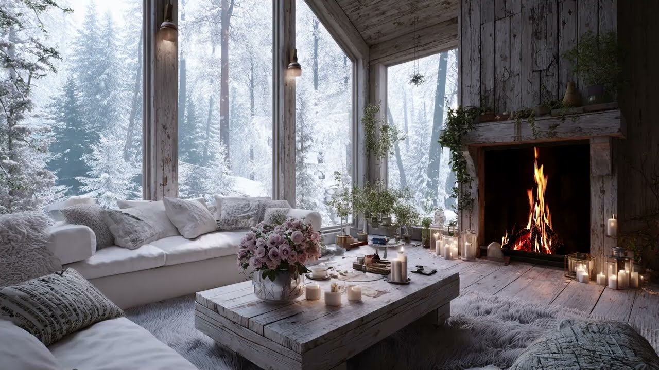 The Warmth of Winter: Relaxing Piano Melodies in a Snowy Cabin with a Crackling Fire