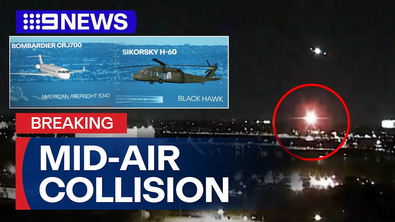 Rescue mission underway after plane and helicopter collided over Washington DC | 9 News Australia