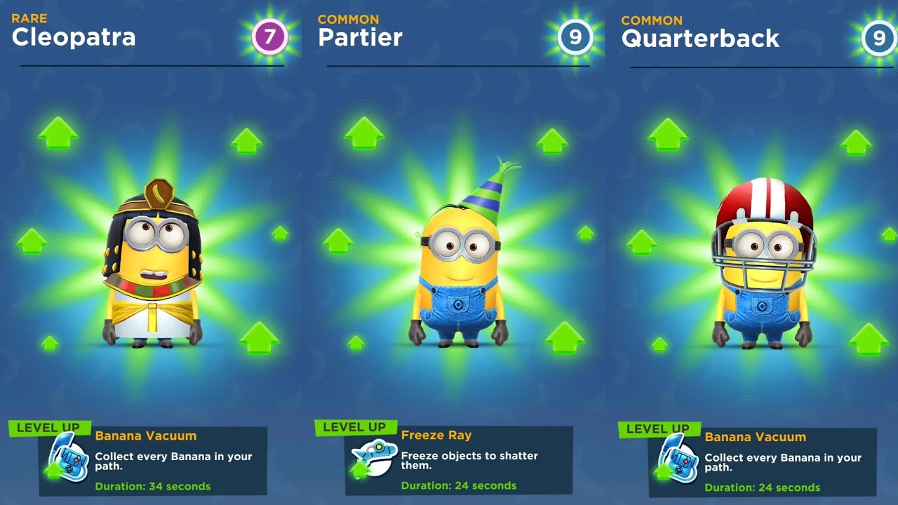 Minion Rush Upgrade All Minions Cleopatra and Partier and Quarterback Level Up Costumes