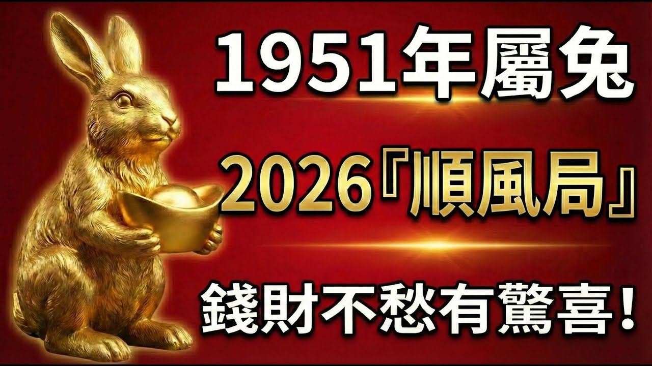 1951年的兔，2026年開啟『順風局』：貴人指路，小人退散，財運、家運雙豐收，再也不用為錢財和子女操心！#2026生肖兔運勢 #屬兔2026運勢 #1951年屬兔 #1951年生肖兔 #轉運 #改運