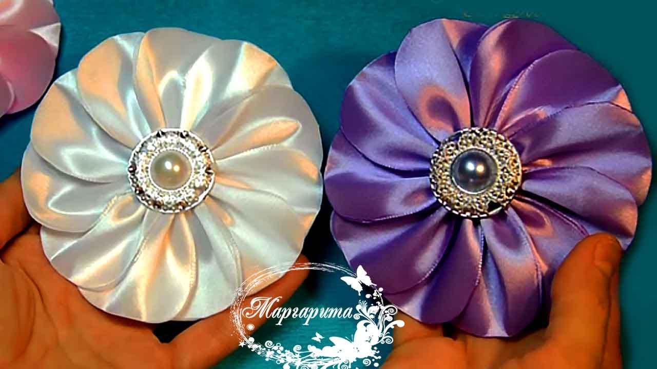 БОЛЬШИЕ ПЛОСКИЕ ЦВЕТЫ КАНЗАШИ из атласной ленты 🌸 DIY Kanzashi flowers