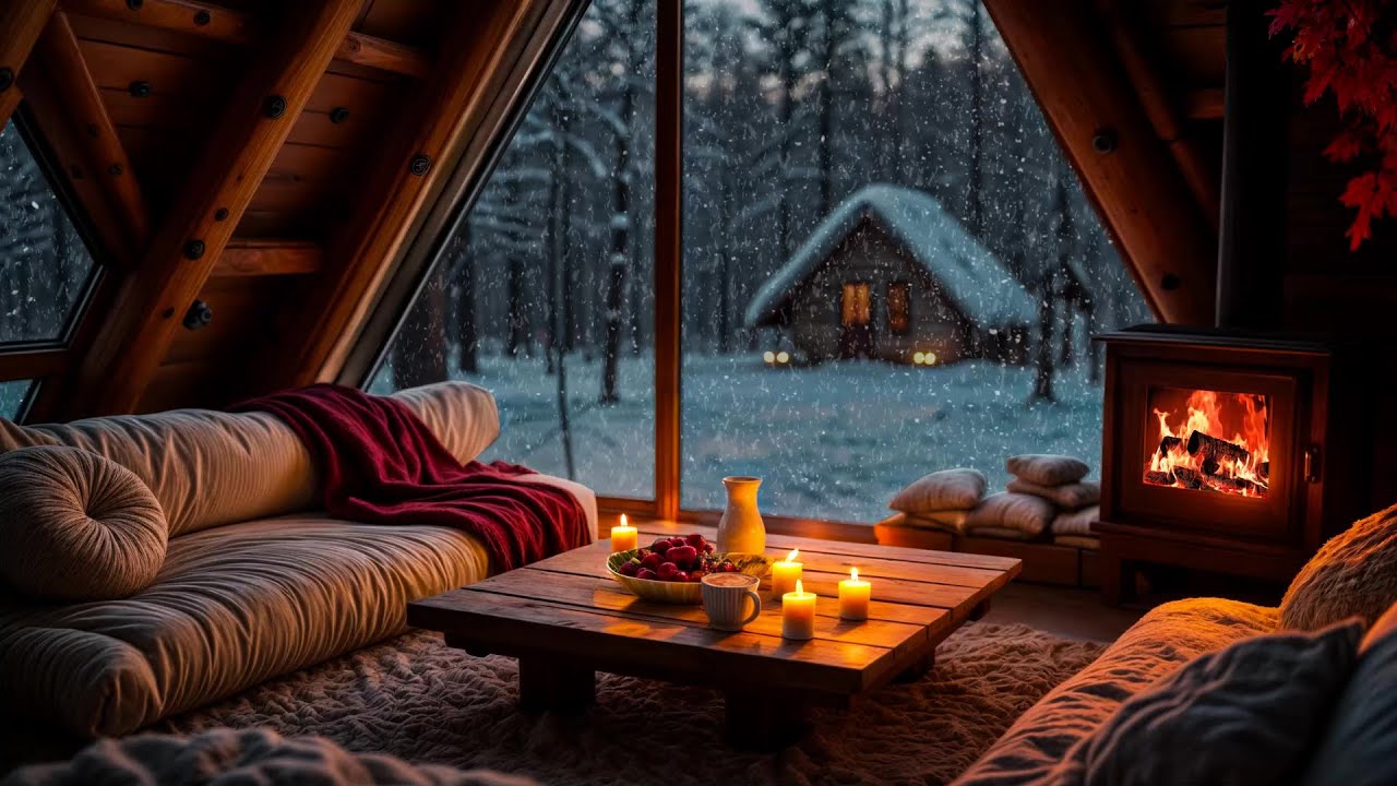 Blizzard Wind & Fireplace Sounds | Snowstorm Night in a Cozy Cabin for Sleep & Relaxation