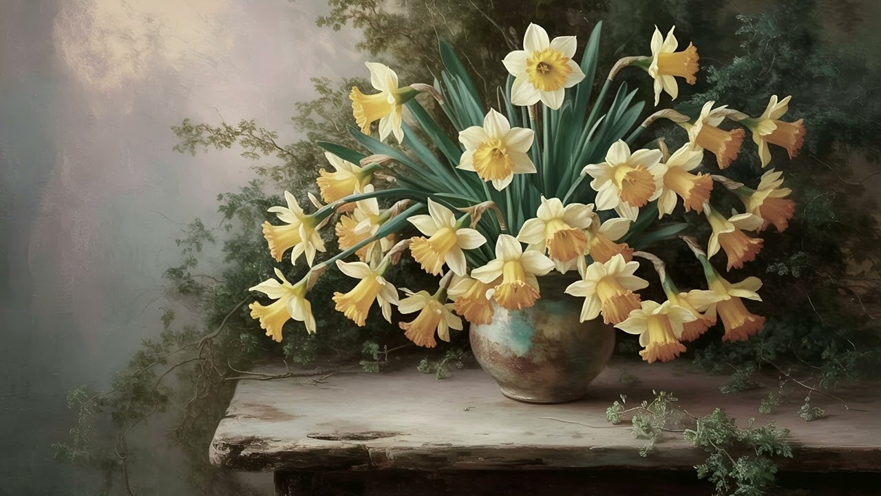 Daffodil Still Life Painting | Spring Floral TV Art Background | Bouquet of Daffodils | 4K