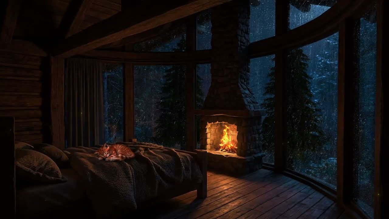 Rainy Night in a Forest Cabin with Fireplace Sounds | Heavy Rain and Thunderstorm Ambience for Sleep