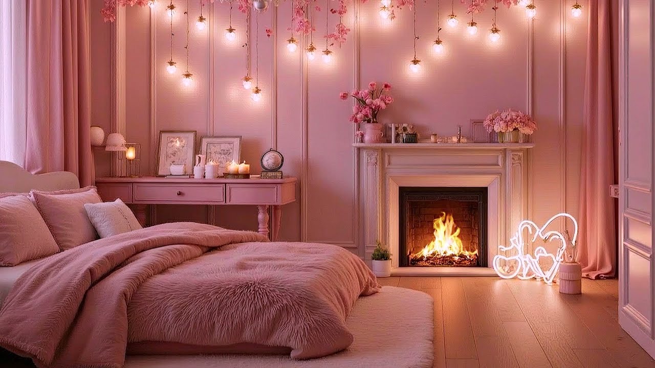 Dreamy Pink Valentine’s Bedroom Ambience 💕 Cozy Fireplace Sounds for Deep Sleep & Relaxation