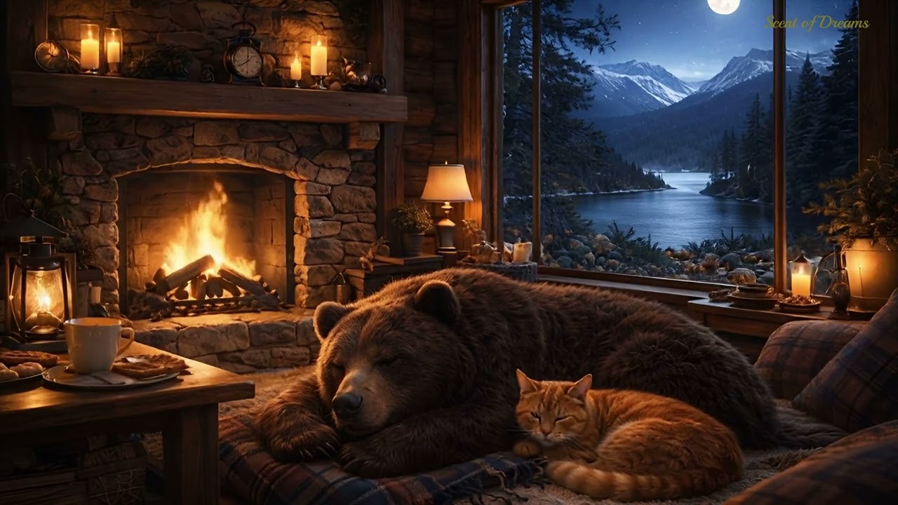 8 HOURS Deep Sleep &bull; Cozy Cabin Fireplace &bull; Ember & Bruno Sleeping