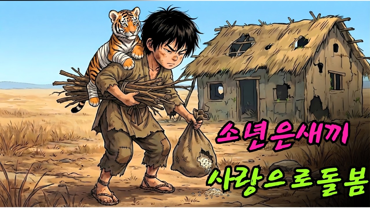 소년은 새끼 호랑이를 어깨에 메고 집으로 데려와 사랑으로 돌보았다.|민담 |전설 |설화 |옛날이야기 |오디오북