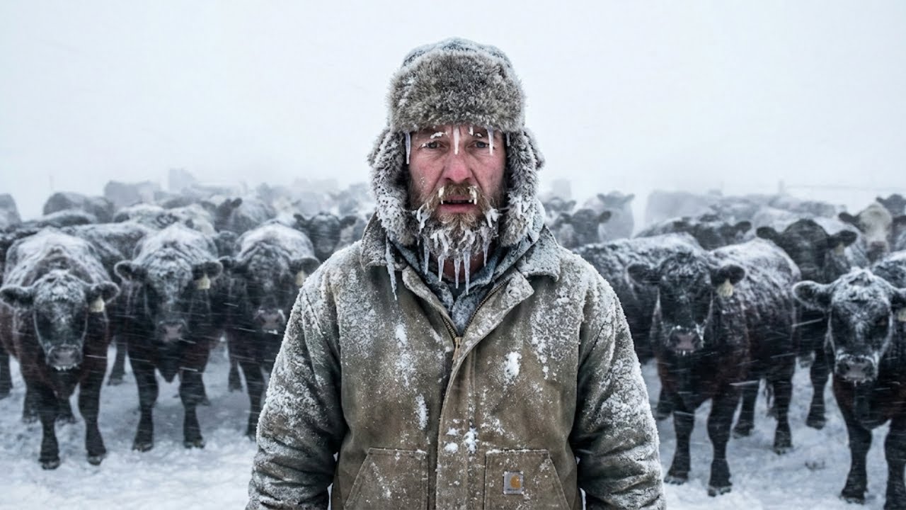 Struggling to feed the starving cattle herd during a −30°C snow storm