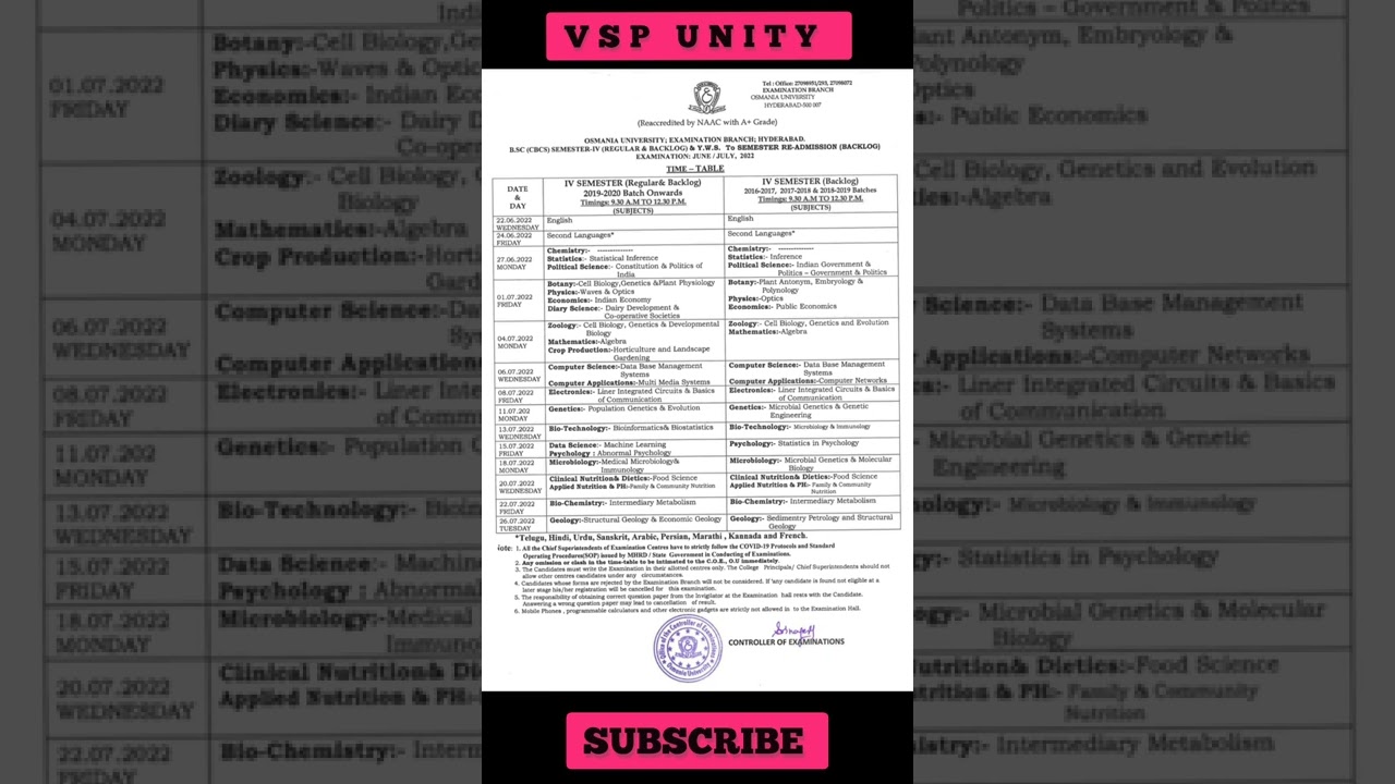 OU Degree 4th SEM Regular and backlogs time table 2022