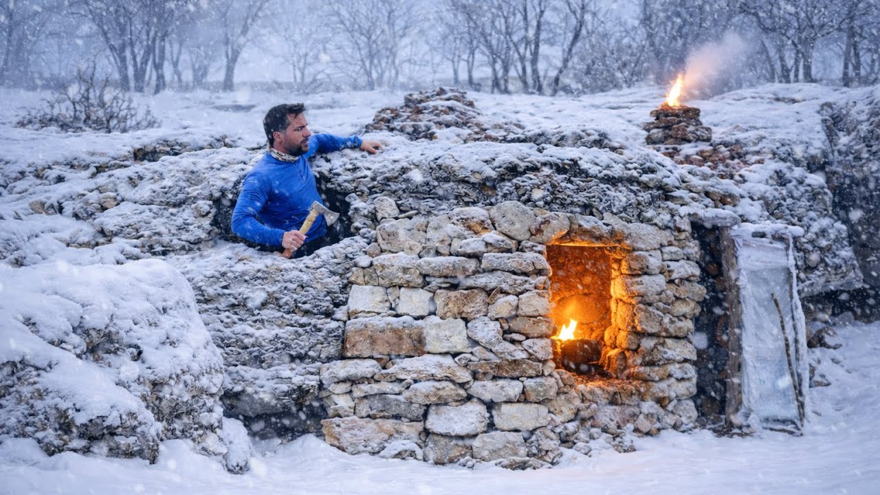 Building a rock cabin with secret door winter Snow. building a cave shelter in Blizzard 