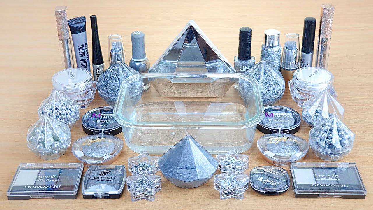 SILVER SLIME Mixing makeup and glitter into Clear Slime Satisfying Slime Videos
