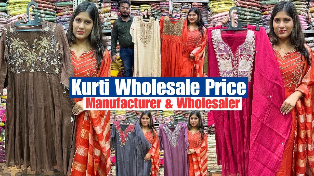 A Line cut Mul Chanderi & Tissue Aplic Chir Moti Work Kurti Wholesale in Kolkata Barabazar