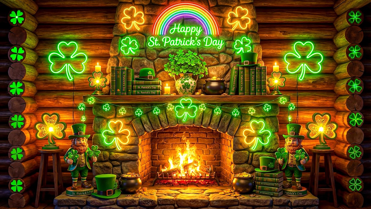 24/7 St Patrick’s Day Fireplace Atmosphere 🍀 Peaceful Piano & Warm Fire Ambience