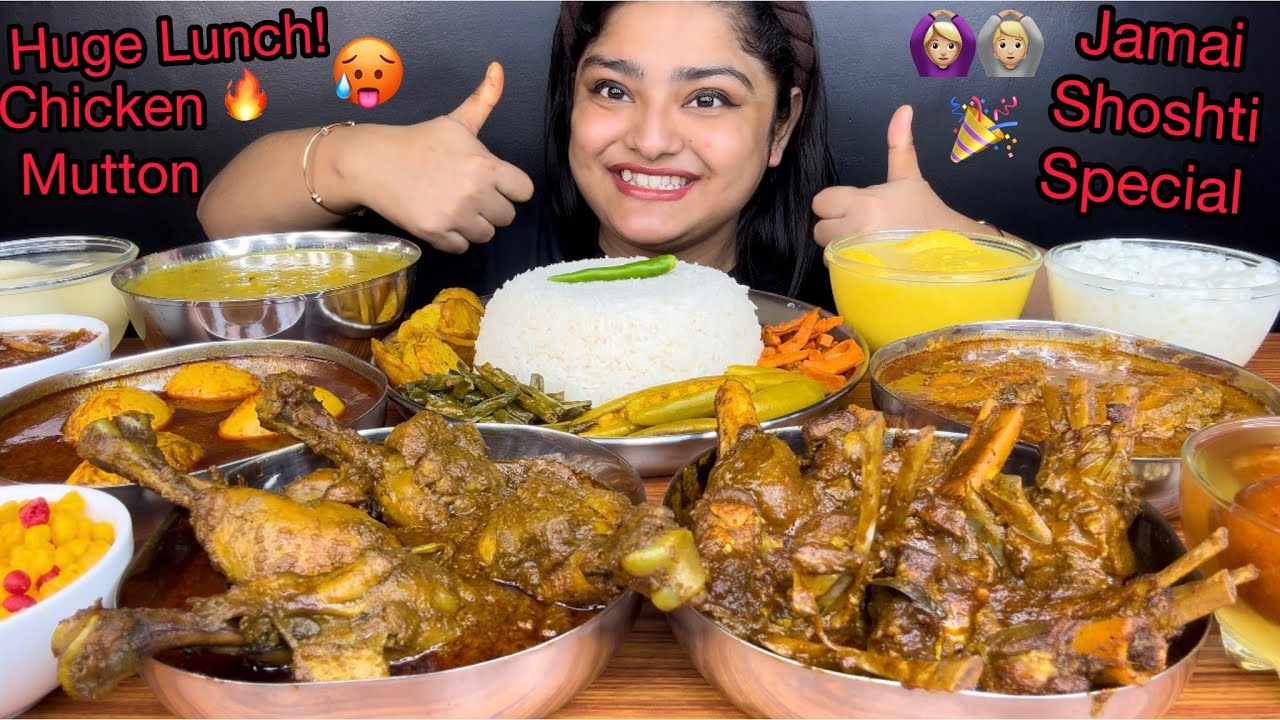 JAMAI SHOSHTI SPECIAL 🎉 CHICKEN KOSHA, MUTTON KOSHA, EGG CURRY, FISH KALIYA, RASGULLA | EATING SHOW