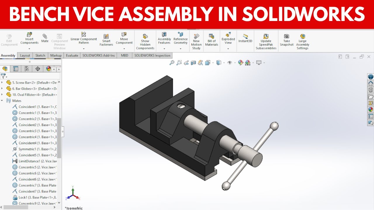 SolidWorks Bench Vice Assembly Tutorial - Part 2 | Mechanical Assembly Step-by-Step