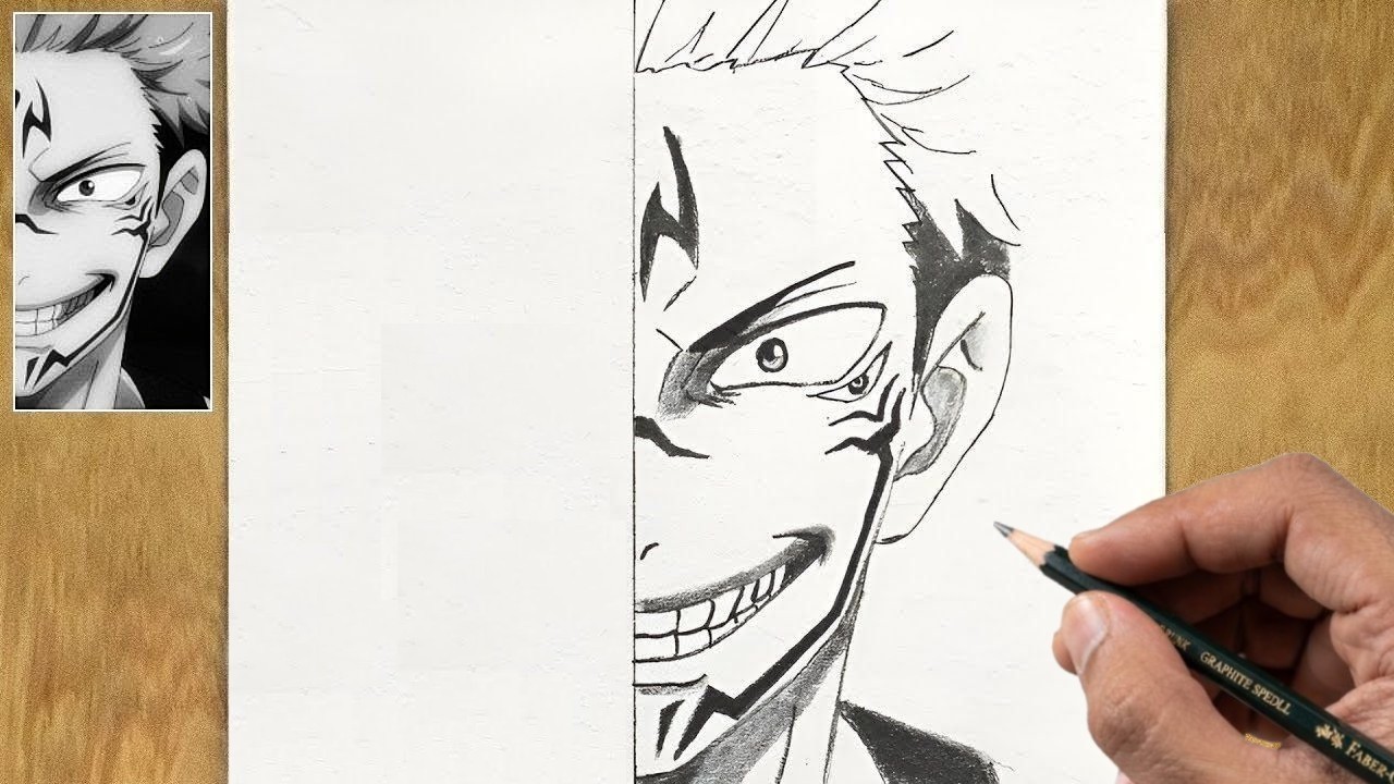 Sukuna half Face Drawing Tutorial Step-by-Step | Anime Drawing | Jujutsu Kaisen