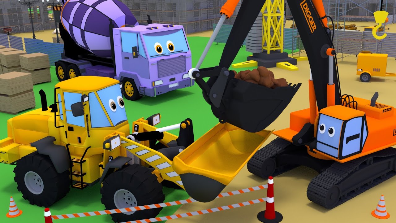 Car cartoon for kids. Construction site. Dump truck , loader, tower crane, excavator, concrete mixer