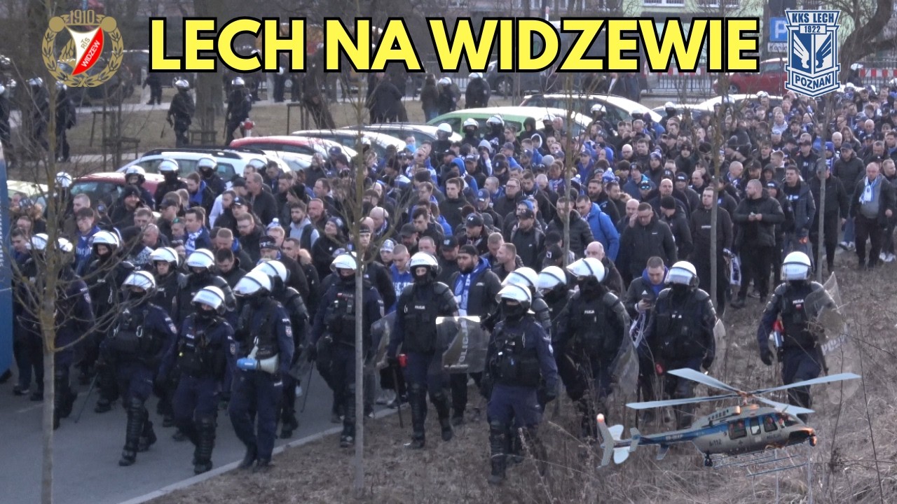 WIDZEW - LECH POZNAŃ 07.03.26 - Przyjazd i przejście kibiców Lecha, zabezpieczenie policyjne