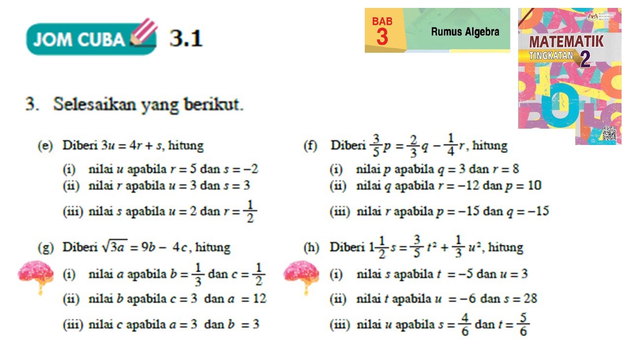 KSSM Matematik Tingkatan 2 Bab 3 rumus algebra jom cuba 3.1 no3 e-h buku teks form2