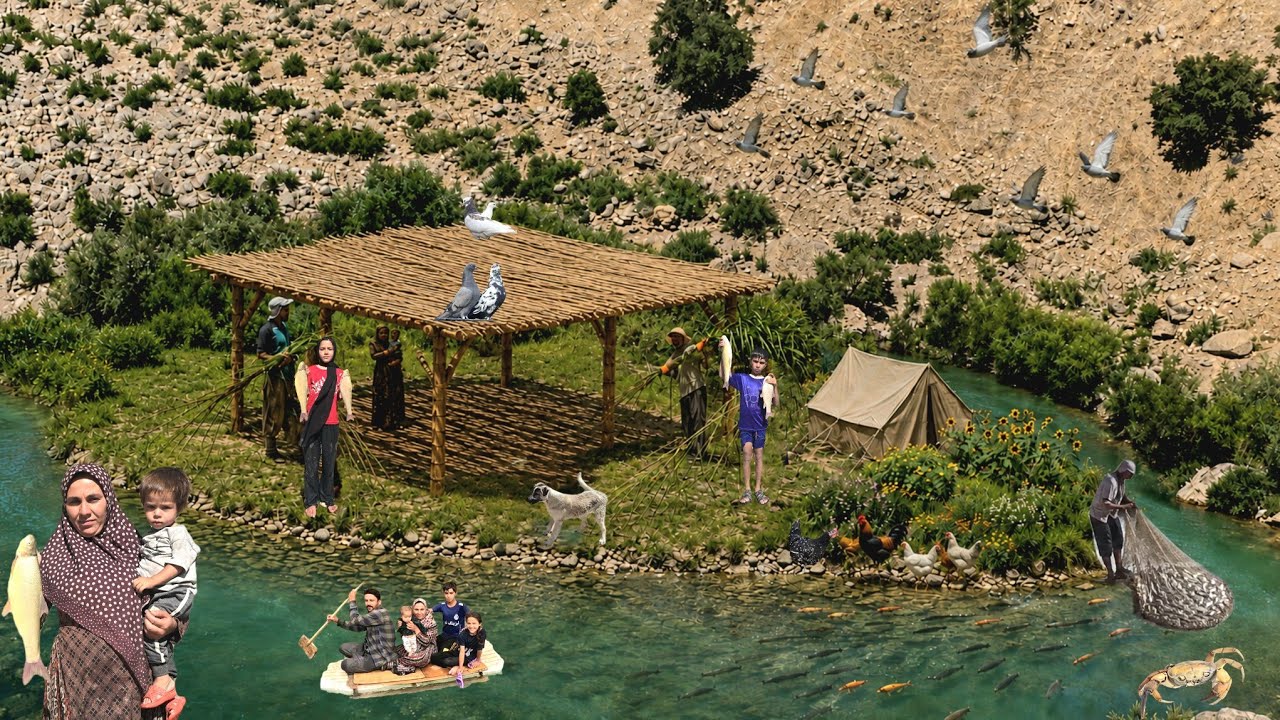 How We Built a Shelter with Wood & Reeds on a River Island 🏕️🌿 | Nomadic Family