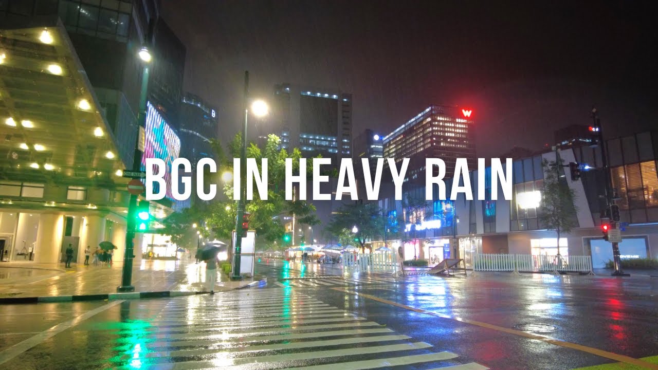 [4K] Walking in heavy rain in BGC Philippines | Binaural City Night Rain Ambience