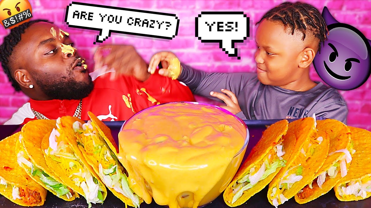 DROPPING FOOD ON MY DAD PRANK! CHEESY TACO MUKPRANK! (TACO BELL MUKBANG) | BEAST & JUJU
