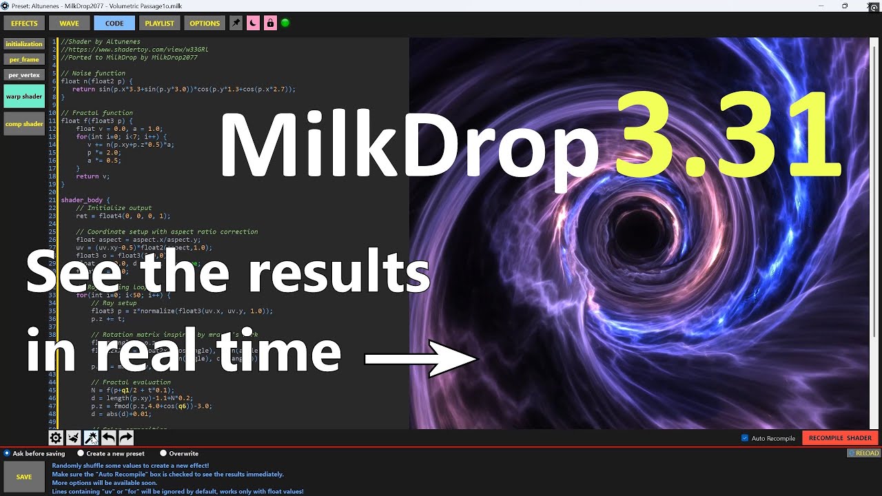 MilkDrop 3.31 with shader code editor is now available :)