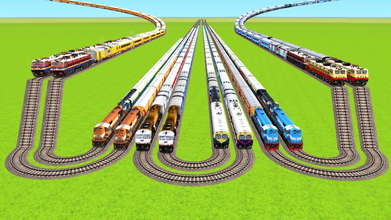 MULTIPLE SAME SAME SAME TRAINS VS THREE DOUBLE U SHAPE RAILROAD & DOUBLE FLYING TRACK|TrainSimuletor