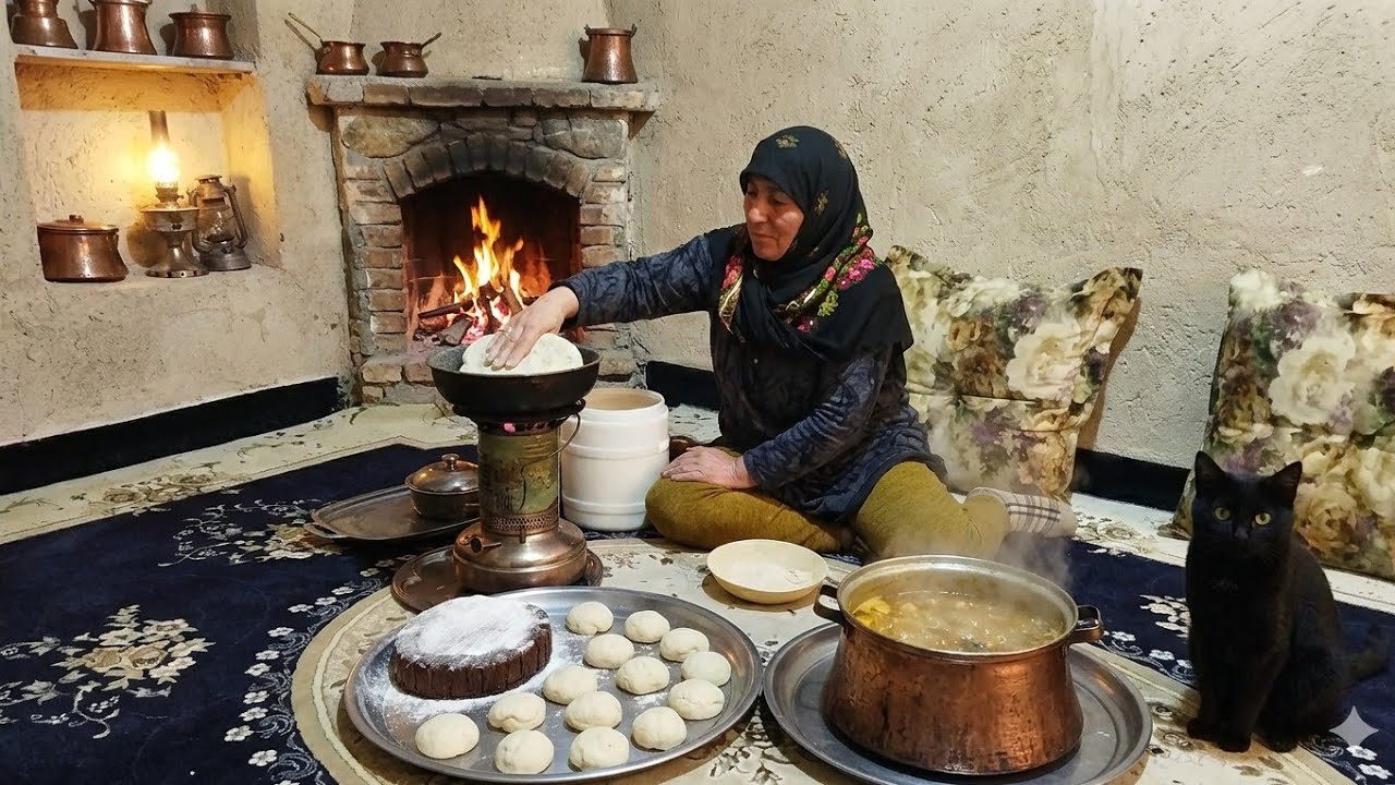 Grandma’s Rustic Winter Cooking 🌿 | Homemade Bread & Kalleh Joosh with Black Cat 🐈‍⬛🍞🍲